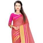Generic Women's Jacquard Striped Saree With Unstitched Blouse 5.5Mtr (Pink) - Image 3