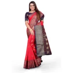 Generic Women's Silk Blend Woven Saree With Unstitched Blouse 5.5Mtr (Red) - Image 4
