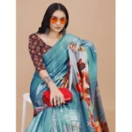 Generic Women's Crepe Digital Print Saree With Unstitched Blouse 5.5Mtr (Blue) - Image 3