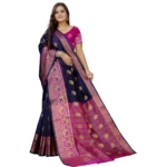 Generic Women's Silk Blend Woven Saree With Unstitched Blouse 5.5Mtr (Dark Blue-Pink) - Image 3