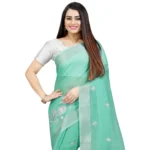 Generic Women's Cotton Silk Embroidered Saree With Unstitched Blouse 5.5Mtr (Light Green) - Image 2