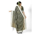 Generic Women's Cotton Silk Striped Saree With Unstitched Blouse 5.5Mtr (Green) - Image 4