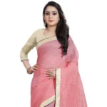 Generic Women's Cotton Silk Checkered Saree With Unstitched Blouse 5.5Mtr (Pink) - Image 3