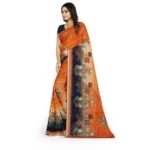Generic Women's Georgette Floral Print Saree With Unstitched Blouse 5.5Mtr (Blue-Orange) - Image 2
