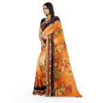 Generic Women's Georgette Floral Print Saree With Unstitched Blouse 5.5Mtr (Blue-Orange) - Image 2