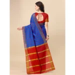 Generic Women's Cotton Silk Checkered Saree With Unstitched Blouse 5.5Mtr (Blue) - Image 4