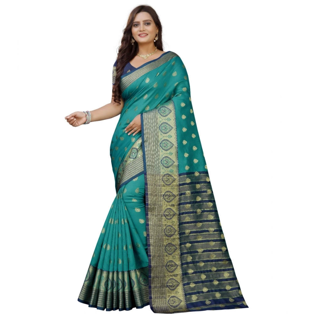 53926457164_29eccd82c5_o_d-1000x1000-1.webp Generic Women's Silk Blend Woven Saree With Unstitched Blouse 5.5Mtr (Dark Blue-Green) - Image 1