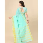 Generic Women's Cotton Silk Striped Saree With Unstitched Blouse 5.5Mtr (Blue) - Image 4