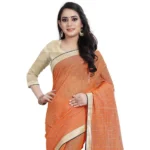 Generic Women's Cotton Silk Checkered Saree With Unstitched Blouse 5.5Mtr (Orange) - Image 3