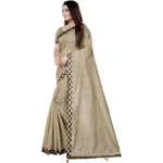 Generic Women's Cotton Silk Checkered Saree With Unstitched Blouse 5.5Mtr (Cream) - Image 2