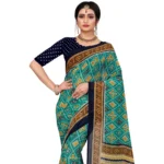 Generic Women's Georgette Floral Print Saree With Unstitched Blouse 5.5Mtr (Dark Green) - Image 2