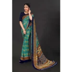 Generic Women's Georgette Floral Print Saree With Unstitched Blouse 5.5Mtr (Dark Green) - Image 3