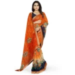 Generic Women's Georgette Floral Print Saree With Unstitched Blouse 5.5Mtr (Blue-Orange) - Image 4