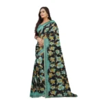 Generic Women's Georgette Floral Print Saree With Unstitched Blouse 5.5Mtr (Blue-Black) - Image 2