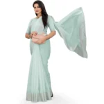 Generic Women's Cotton Jute Self Design Saree With Unstitched Blouse 5.5Mtr (Sky Blue) - Image 2