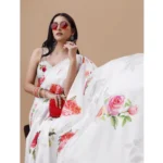 Generic Women's Crepe Digital Print Saree With Unstitched Blouse 5.5Mtr (Cream) - Image 2