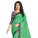 Generic Women's Cotton Silk Checkered Saree With Unstitched Blouse 5.5Mtr (Green) - Image 2