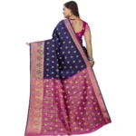 Generic Women's Silk Blend Woven Saree With Unstitched Blouse 5.5Mtr (Dark Blue-Pink) - Image 3