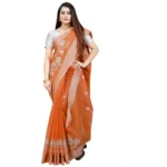 Generic Women's Cotton Silk Embroidered Saree With Unstitched Blouse 5.5Mtr (Orange) - Image 3