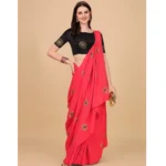 Generic Women's Silk Blend Embroidered Saree With Unstitched Blouse 5.5Mtr (Pink) - Image 4