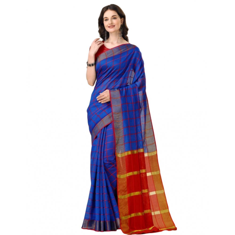 53936584167_2166e6fba3_o_d-1000x1000-1.webp Generic Women's Cotton Silk Checkered Saree With Unstitched Blouse 5.5Mtr (Blue) - Image 1