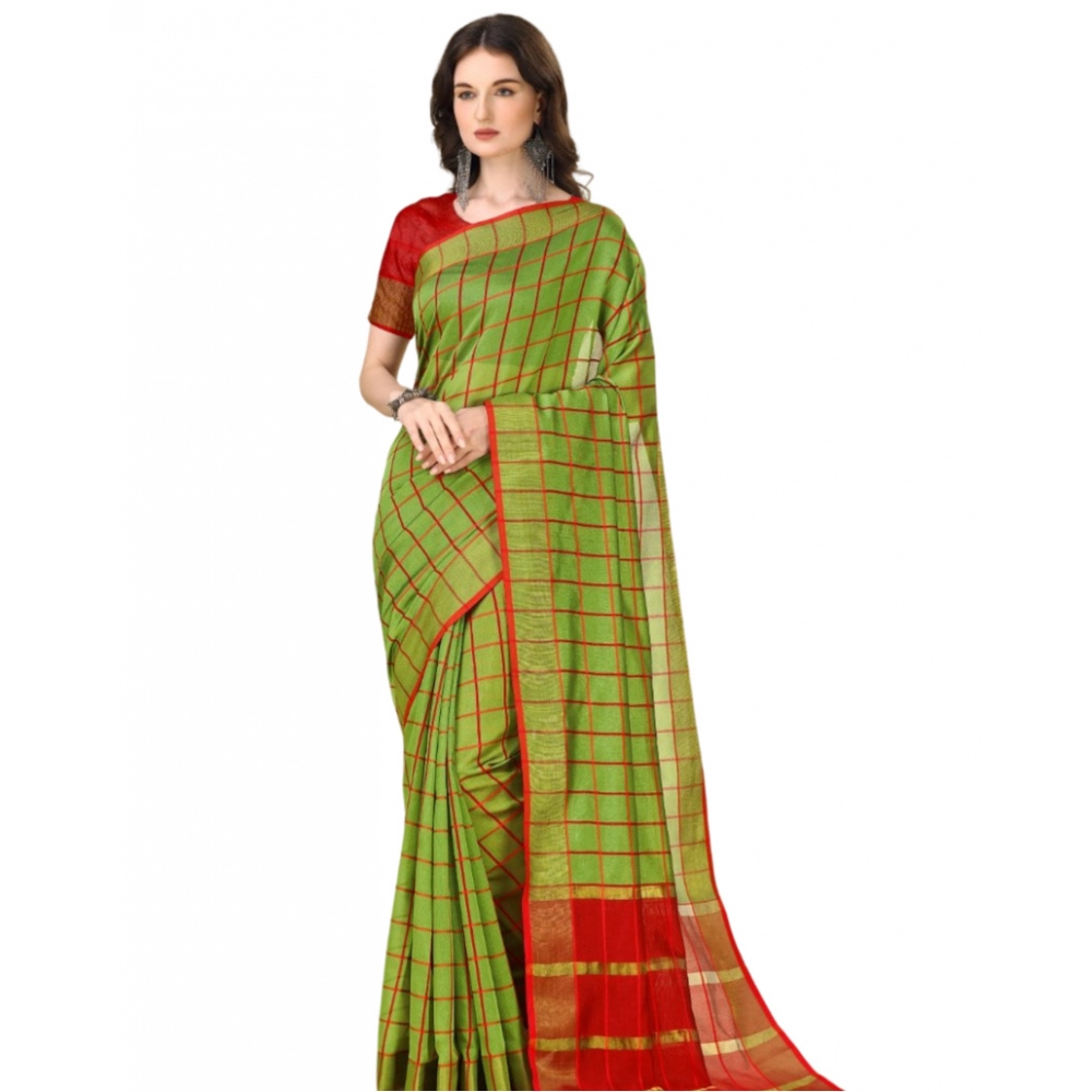 53937943435_14a81de526_o_d-1000x1000-1.webp Generic Women's Cotton Silk Checkered Saree With Unstitched Blouse 5.5Mtr (Green) - Image 1