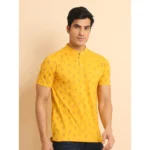 Generic Men's Casual Cotton Printed Mandarin Collar Half Sleeve T-Shirt (Mustard) - Image 3