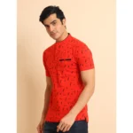 Generic Men's Casual Cotton Printed Mandarin Collar Half Sleeve T-Shirt (Red) - Image 4