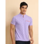 Generic Men's Casual Cotton Printed Mandarin Collar Half Sleeve T-Shirt (Lavender) - Image 3