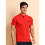 Generic Men's Casual Cotton Printed Mandarin Collar Half Sleeve T-Shirt (Red) - Image 3