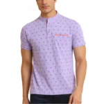 Generic Men's Casual Cotton Printed Mandarin Collar Half Sleeve T-Shirt (Lavender)