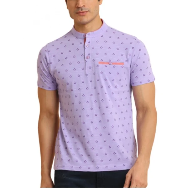 Generic Men's Casual Cotton Printed Mandarin Collar Half Sleeve T-Shirt (Lavender)