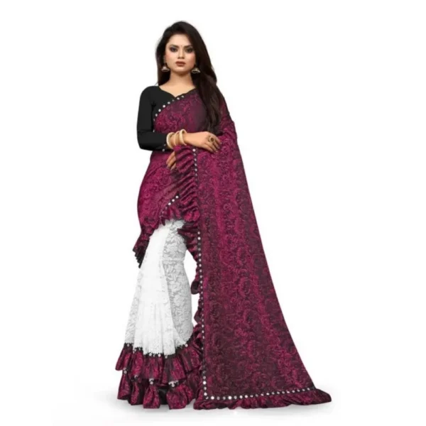 Generic Women's Silk With Mirror Lace Solid Saree With Unstitched Blouse (Pink, 5-5 Mtrs)