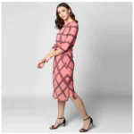Generic Women's Polyester Checkered 3-4th Sleeves Below Knee Dress (Pink - Black) - Image 3