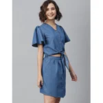 Generic Women's Denim Solid Flutter Above Knee Dress (Blue) - Image 3