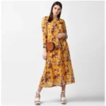 Generic Women's Polyester Floral Long Sleeves Calf-length Dress (Yellow) - Image 5