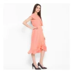 Generic Women's Polyester Ruffled Cap Sleeve Below Knee Dress (Neon Pink) - Image 4