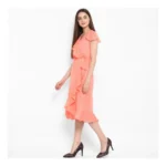 Generic Women's Polyester Ruffled Cap Sleeve Below Knee Dress (Neon Pink) - Image 3