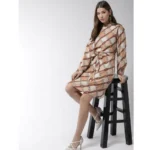 Generic Women's Polyester Checkered Long Sleeves Above Knee Dress (Off White - Brown) - Image 5