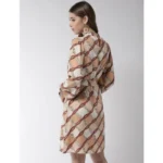 Generic Women's Polyester Checkered Long Sleeves Above Knee Dress (Off White - Brown) - Image 6