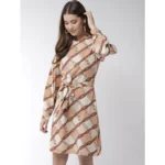 Generic Women's Polyester Checkered Long Sleeves Above Knee Dress (Off White - Brown) - Image 3