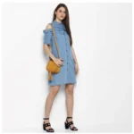 Generic Women's Denim Solid Cold Shoulder Above Knee Dress (Blue) - Image 6