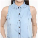 Generic Women's Denim Solid Sleeveless Below Knee Dress (Blue) - Image 2