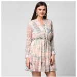 Generic Women's Polyester Printed Long Sleeves Above Knee Dress (Light Pink - Off White) - Image 4