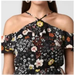 Generic Women's Polyester Floral Cold Shoulder Above Knee Dress (Black) - Image 3