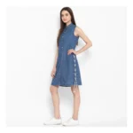 Generic Women's Denim Solid Sleeveless Above Knee Dress (Blue) - Image 3