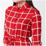 Generic Women's Polyester Checkered Long Sleeves Above Knee Dress (Red) - Image 2