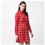 Generic Women's Polyester Checkered Long Sleeves Above Knee Dress (Red) - Image 4