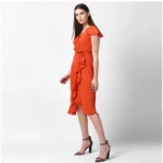 Generic Women's Polyester Ruffled Cap Sleeve Knee-Length Dress (Orange) - Image 3