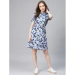 Generic Women's Polyester Floral Short Sleeve Above Knee Dress (Blue - White) - Image 6